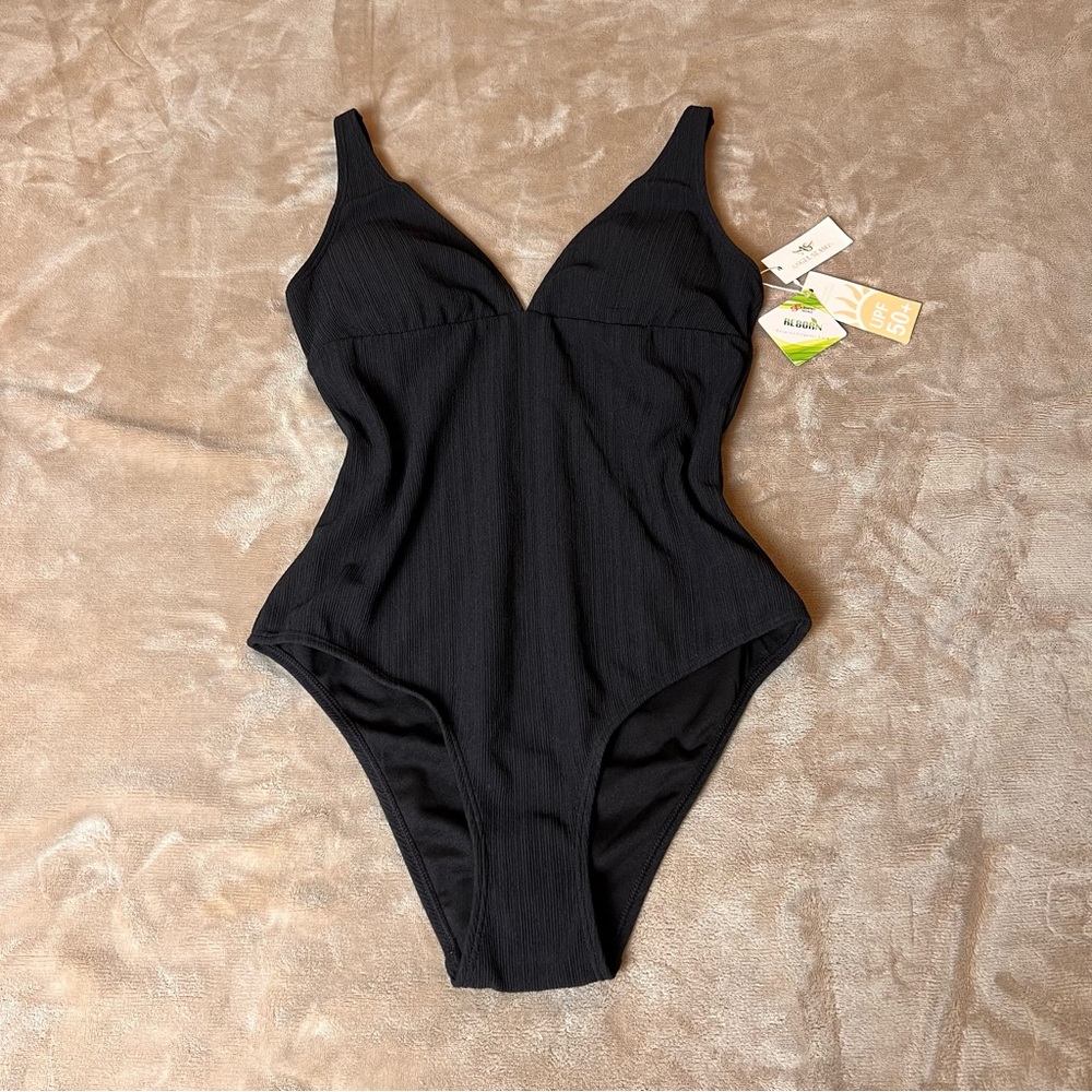 ANGEL SEASON Classic Black Ribbed V-Neck Full Coverage OnePiece Swimsut - Size M